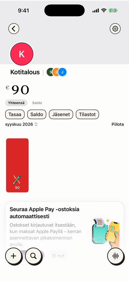 Jaettu kotitalouslista saldoineen