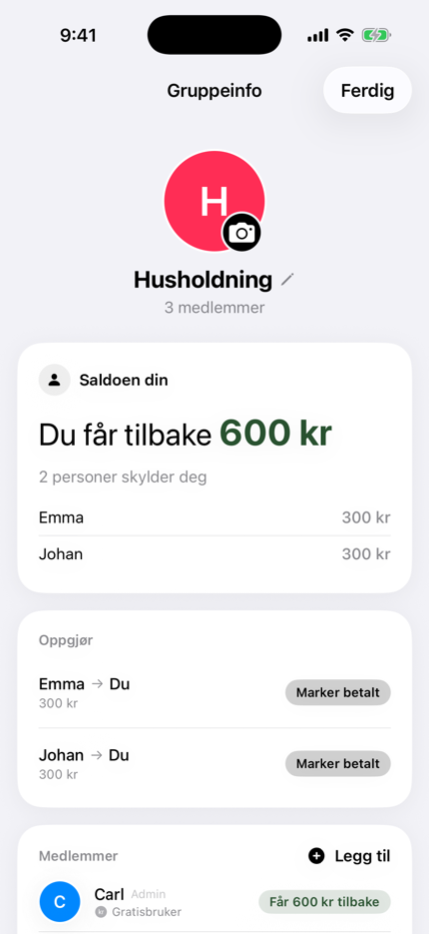 En delt husholdningsliste med saldoer