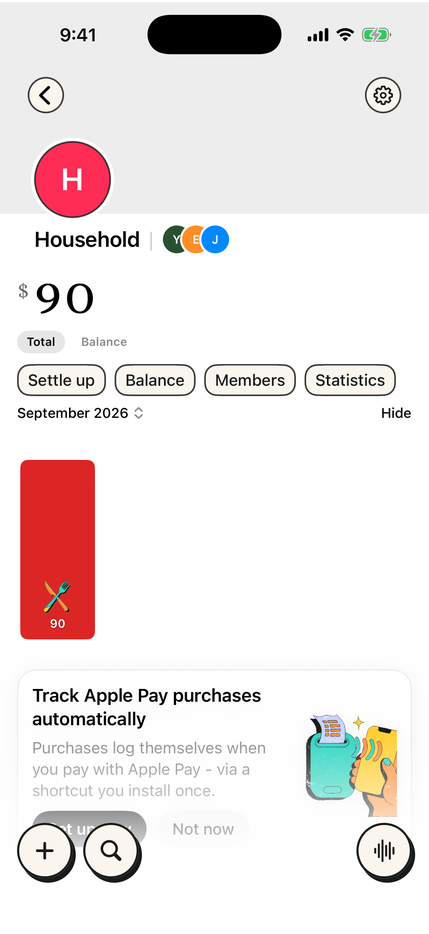 A shared household list with balances