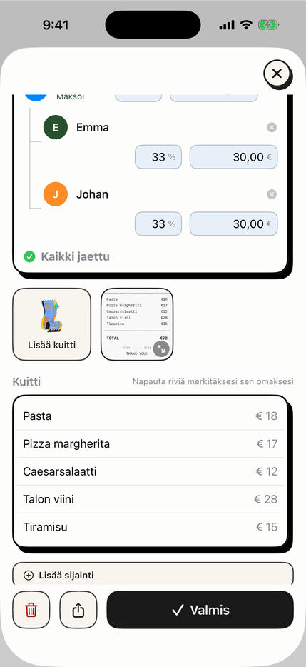 Luettu kuitti, jonka jokainen rivi on tunnistettu