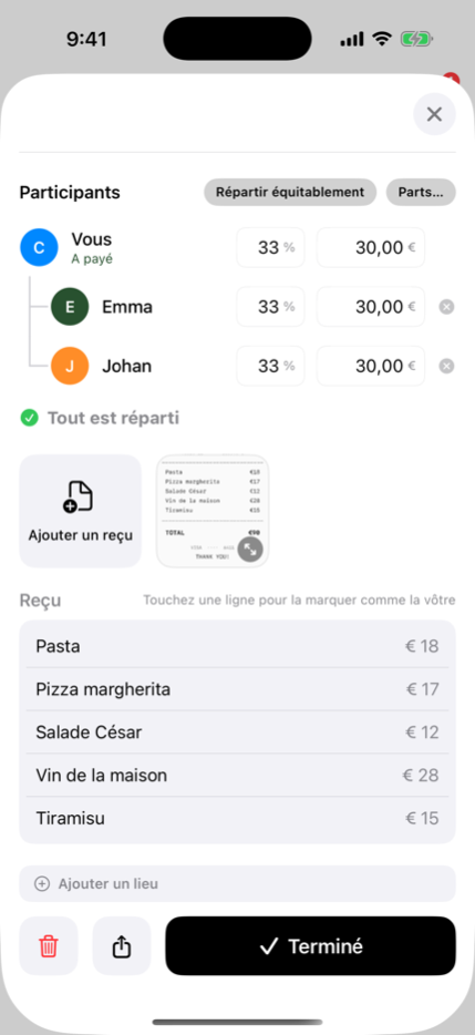 Un reçu lu avec chaque ligne reconnue