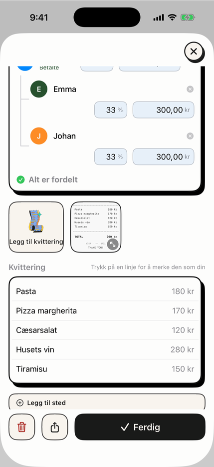 En innlest kvittering med hver linje avlest