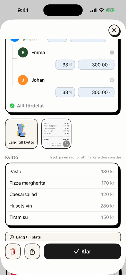 Ett inläst kvitto med varje rad avläst